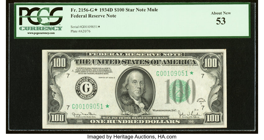 image for: Fr. 2156-G* $100 1934D Mule Federal Reserve Star Note. PCGS About New 53....