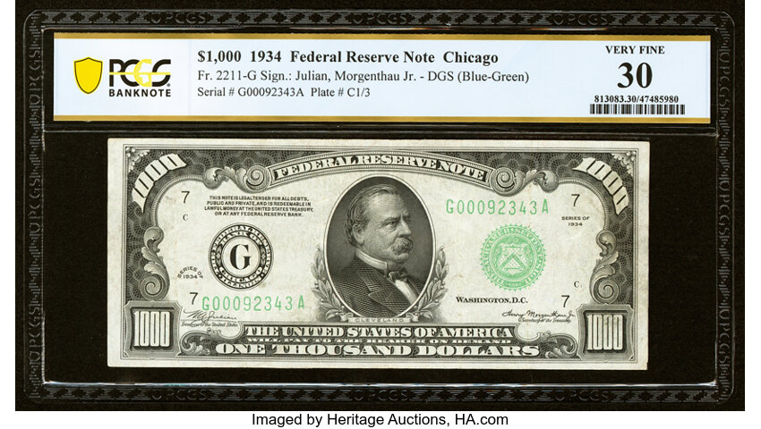 image for: Fr. 2211-G $1,000 1934 Federal Reserve Note. PCGS Banknote Very Fine 30....