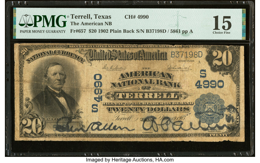 image for: Terrell, TX - $20 1902 Plain Back Fr. 657 The American National Bank Ch. # (S)4990 PMG Choice Fine 15....