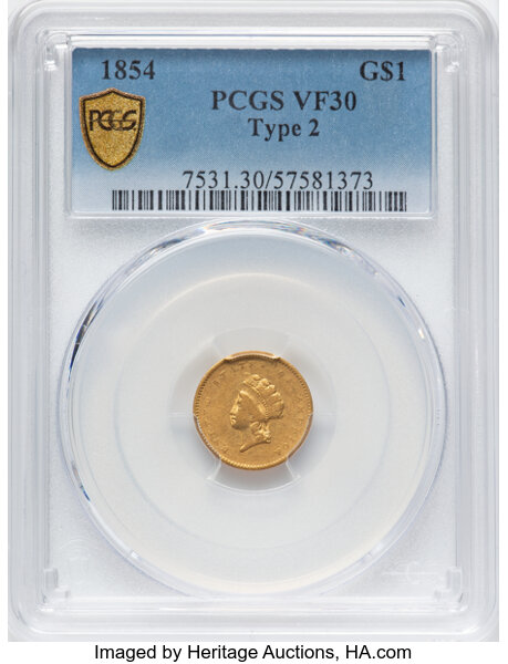 Liberty Gold Dollar G$1 Type 2, 1854-1856 [Type] VF30 thumbnail 2