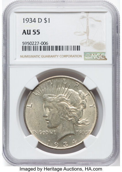 1934-D $1 AU55 NGC. Mintage 1,569,500. ...
