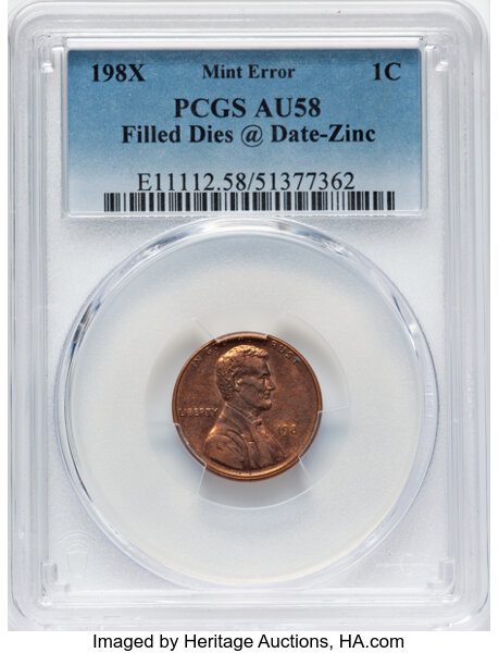 image for: 198X CENT -- Filled Dies @ Date-Zinc -- AU58 PCGS. PCGS Population: (42/25).  Mintage 7,414,705,000....