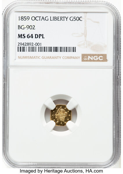 image for: 1859 50C Liberty Octagonal 50 Cents, BG-902, Low R.4, MS64 Deep Prooflike NGC. NGC Census: (12/14)....