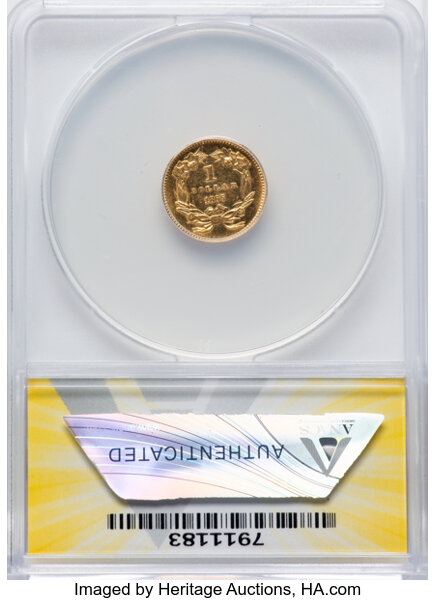 image for: 1865 G$1 -- Polished, Scratched -- ANACS Details. MS60.  Mintage 3,725. ...