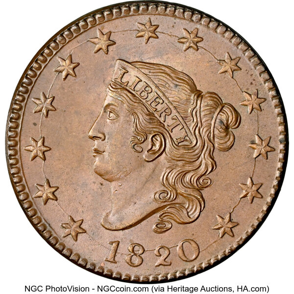 image for: 1820 1C Large Date, N-13, R.1, MS65 Brown NGC.  Mintage 4,407,550....