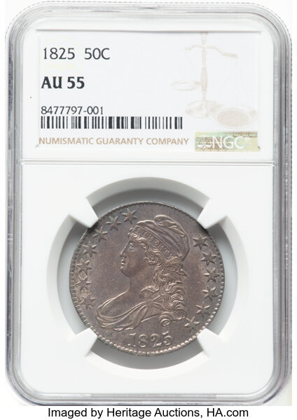 image for: 1825 50C O-106, R.2, AU55 NGC.  Mintage 2,900,000....