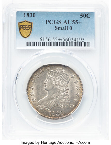 image for: 1830 50C Small 0, O-107a, R.2, AU55+ PCGS.  Mintage 4,764,800....