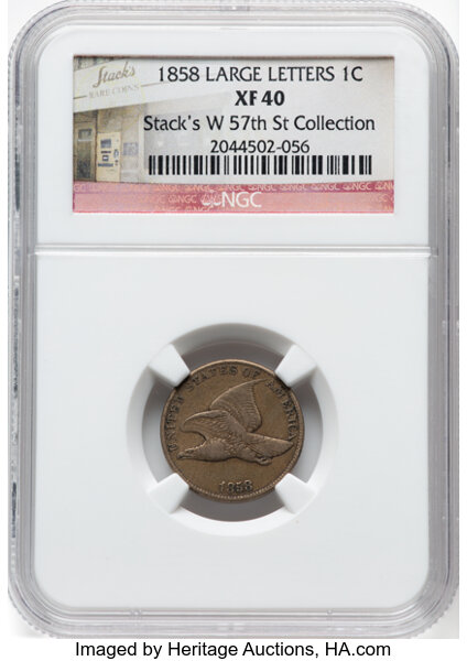 image for: 1858 1C Large Letters, Low Leaves, FS-901, XF40 NGC. Ex: Stack's W 57th St Collection. CDN: $140 Whsle. Bid for NGC/PCGS XF...