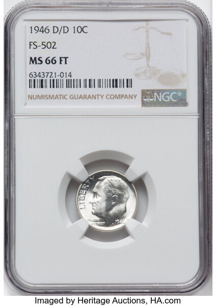 image for: 1946-D/D 10C Repunched Mintmark, FS-502, MS66 Full Bands NGC. NGC Census: (6/0).  Mintage 61,043,500....