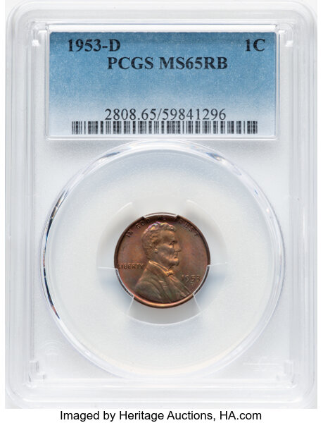 image for: 1953-D 1C MS65 Red and Brown PCGS. PCGS Population: (43/11).  Mintage 700,515,000. ...