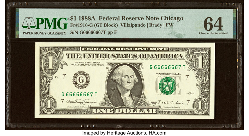 image for: Near Solid Serial Number 66666667 Fr. 1916-G $1 1988A Federal Reserve Note. PMG Choice Uncirculated 64....