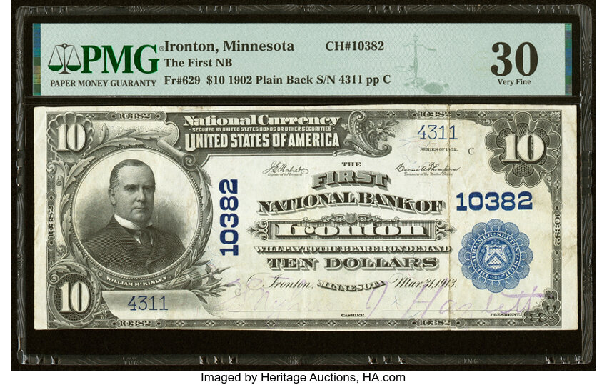image for: Ironton, MN - $10 1902 Plain Back Fr. 629 The First National Bank Ch. # 10382 PMG Very Fine 30....