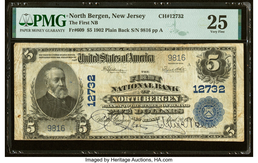 image for: North Bergen, NJ - $5 1902 Plain Back Fr. 609 The First National Bank Ch. # 12732 PMG Very Fine 25....