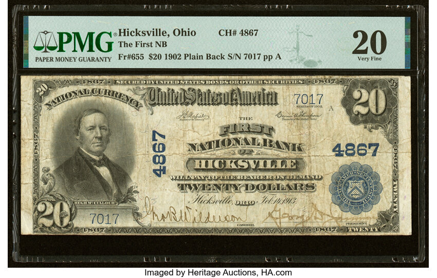 image for: Hicksville, OH - $20 1902 Plain Back Fr. 655 The First National Bank Ch. # 4867 PMG Very Fine 20....