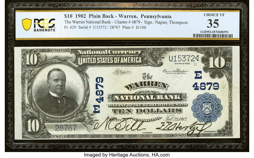 image for: Warren, PA - $10 1902 Plain Back Fr. 629 The Warren National Bank Ch. # (E)4879 PCGS Banknote Choice VF 35....