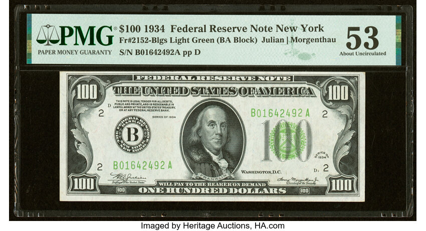 image for: Fr. 2152-B $100 1934 Light Green Seal Federal Reserve Note. PMG About Uncirculated 53....