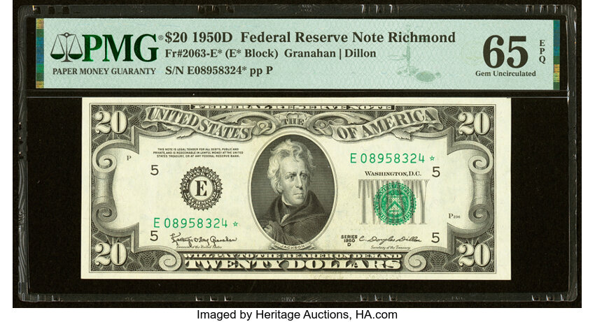 image for: Fr. 2063-E* $20 1950D Federal Reserve Star Note. PMG Gem Uncirculated 65 EPQ....