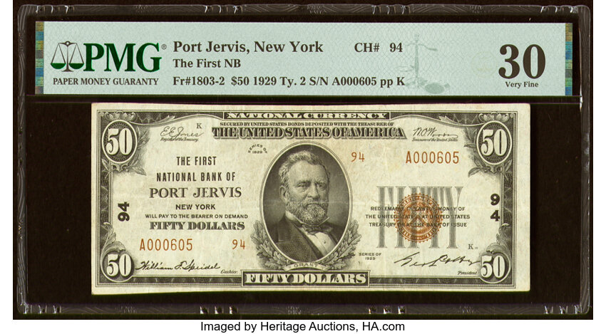 image for: Port Jervis, NY - $50 1929 Ty. 2 The First National Bank Ch. # 94 PMG Very Fine 30....