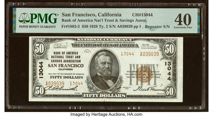 image for: San Francisco, CA - $50 1929 Ty. 2 Bank of America National Trust & Savings Assoc Ch. # 13044 PMG Extremely Fine 40....