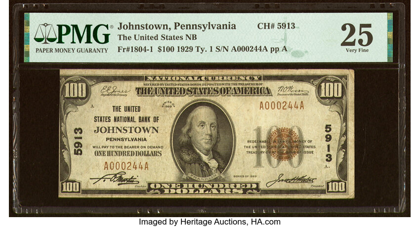 image for: Johnstown, PA - $100 1929 Ty. 1 The United States National Bank Ch. # 5913 PMG Very Fine 25....