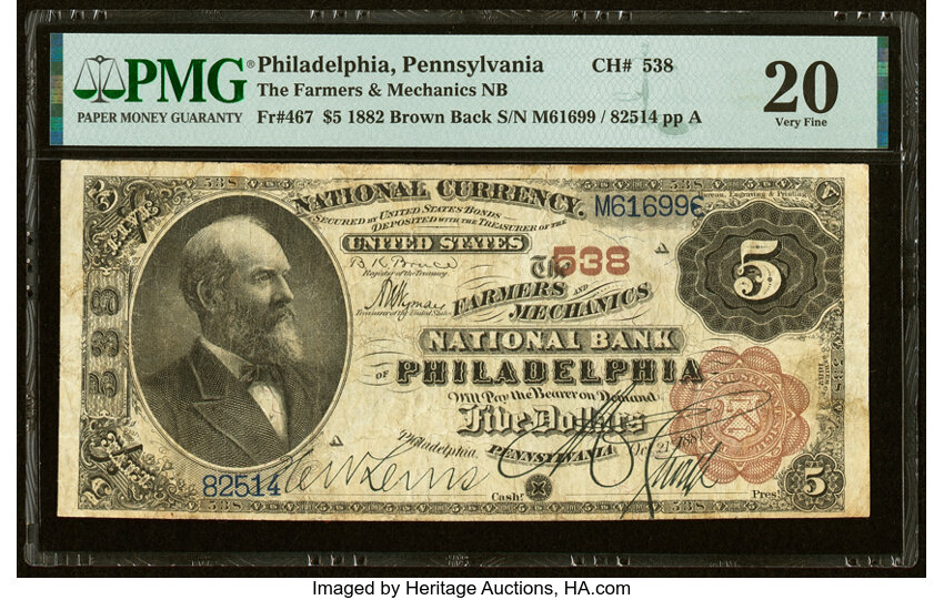 image for: Philadelphia, PA - $5 1882 Brown Back Fr. 467 The Farmers & Mechanics National Bank Ch. # 538 PMG Very Fine 20....