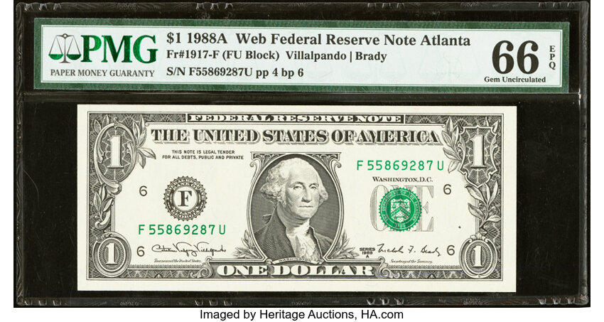 image for: Fr. 1917-F $1 1988A Web Press Experimental Federal Reserve Note. PMG Gem Uncirculated 66 EPQ....