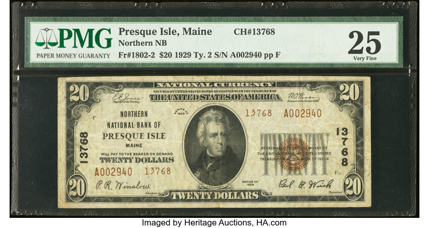 image for: Presque Isle, ME - $20 1929 Ty. 2 Northern National Bank Ch. # 13768 PMG Very Fine 25....