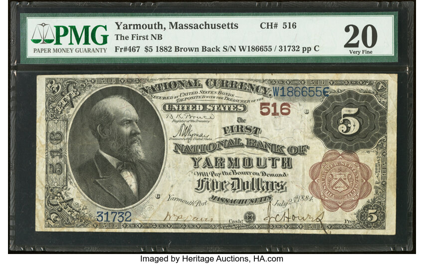 image for: Yarmouth, MA - $5 1882 Brown Back Fr. 467 The First National Bank Ch. # 516 PMG Very Fine 20....