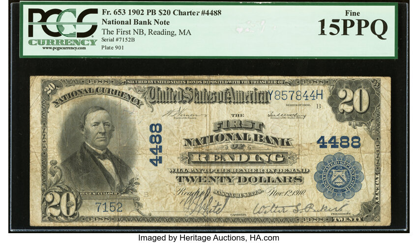 image for: Reading, MA - $20 1902 Plain Back Fr. 653 The First National Bank Ch. # 4488 PCGS Fine 15PPQ....