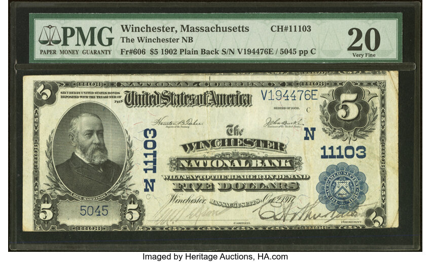 image for: Winchester, MA - $5 1902 Plain Back Fr. 606 The Winchester National Bank Ch. # (N)11103 PMG Very Fine 20....