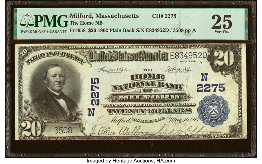 image for: Milford, MA - $20 1902 Plain Back Fr. 658 The Home National Bank Ch. # (N)2275 PMG Very Fine 25....