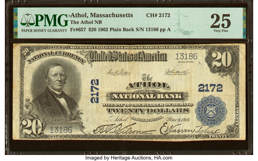 image for: Athol, MA - $20 1902 Plain Back Fr. 657 The Athol National Bank Ch. # 2172 PMG Very Fine 25....