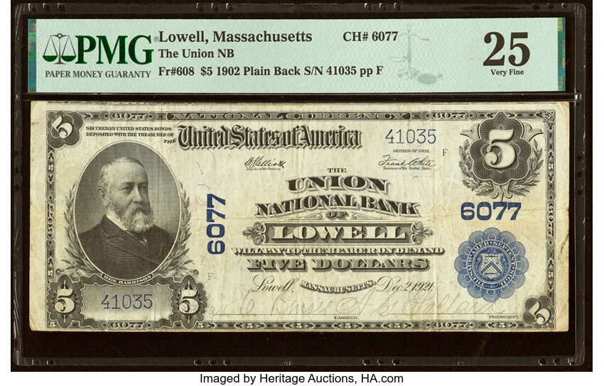 image for: Lowell, MA - $5 1902 Plain Back Fr. 608 The Union National Bank Ch. # 6077 PMG Very Fine 25....