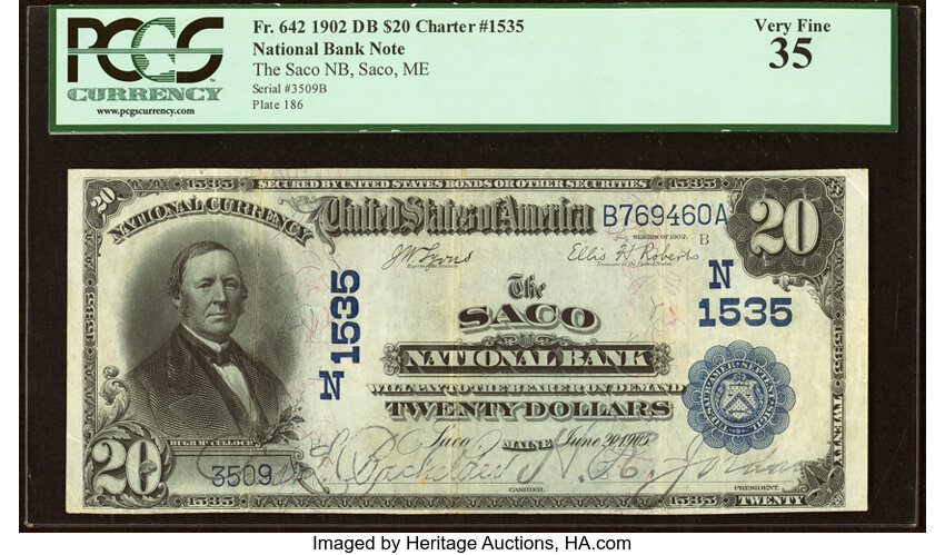 image for: Saco, ME - $20 1902 Date Back Fr. 642 The Saco National Bank Ch. # (N)1535 PCGS Very Fine 35....
