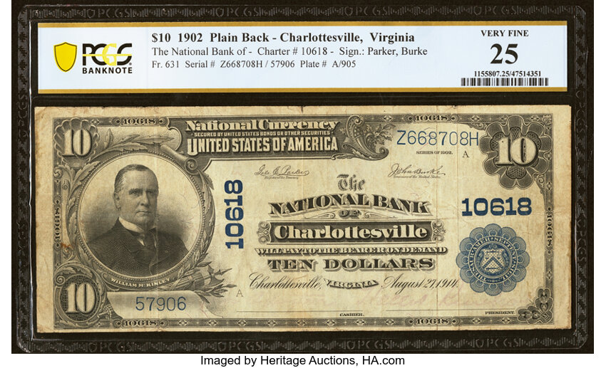 image for: Charlottesville, VA - $10 1902 Plain Back Fr. 631 The National Bank of Charlottesville Ch. # 10618 PCGS Banknote Very Fine 25....
