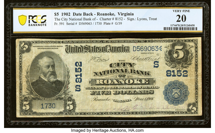 image for: Roanoke, VA - $5 1902 Date Back Fr. 591 The City National Bank Ch. # (S)8152 PCGS Banknote Very Fine 20....