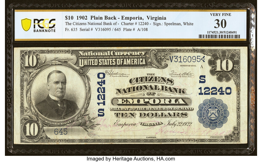 image for: Emporia, VA - $10 1902 Plain Back Fr. 635 The Citizens National Bank Ch. # (S)12240 PCGS Banknote Very Fine 30....