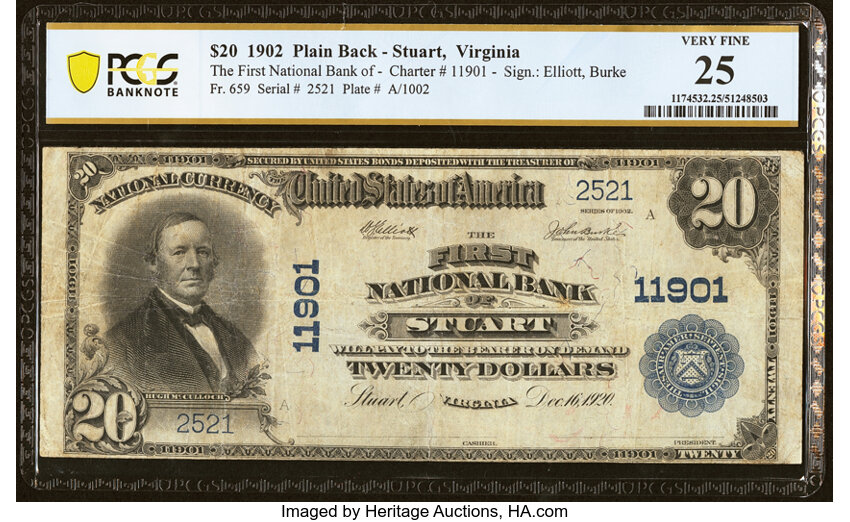 image for: Stuart, VA - $20 1902 Plain Back Fr. 659 The First National Bank Ch. # 11901 PCGS Banknote Very Fine 25....