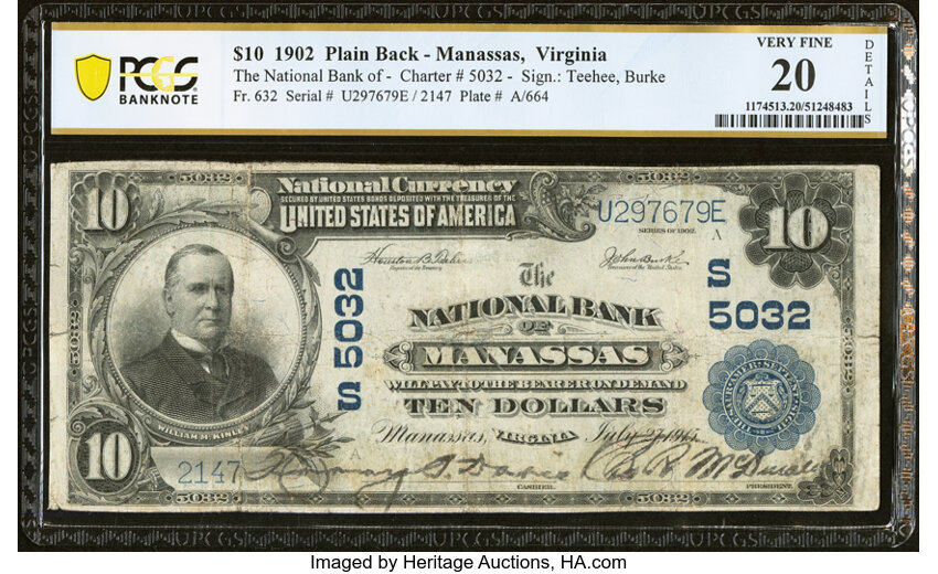 image for: Manassas, VA - $10 1902 Plain Back Fr. 632 The National Bank of Manassas Ch. # (S)5032 PCGS Banknote Very Fine 20 Details....
