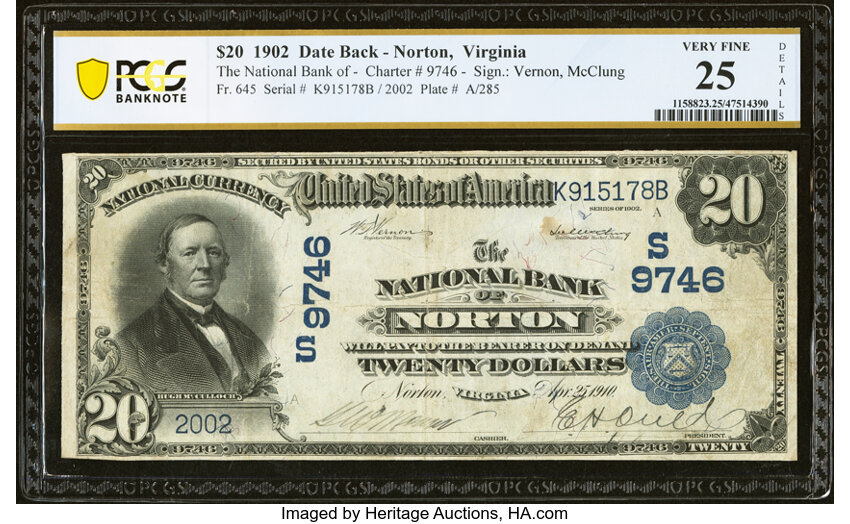 image for: Norton, VA - $20 1902 Date Back Fr. 645 The National Bank of Norton Ch. # (S)9746 PCGS Banknote Very Fine 25 Details....