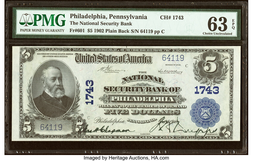 image for: Philadelphia, PA - $5 1902 Plain Back Fr. 601 The National Security Bank Ch. # 1743 PMG Choice Uncirculated 63 EPQ....