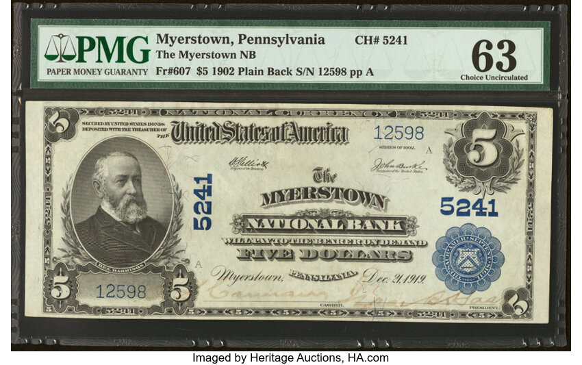 image for: Myerstown, PA - $5 1902 Plain Back Fr. 607 The Myerstown National Bank Ch. # 5241 PMG Choice Uncirculated 63....