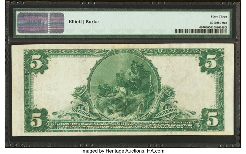 image for: Myerstown, PA - $5 1902 Plain Back Fr. 607 The Myerstown National Bank Ch. # 5241 PMG Choice Uncirculated 63....