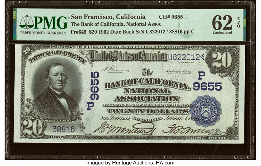 image for: San Francisco, CA - $20 1902 Date Back Fr. 645 The Bank of California National Assoc Ch. # (P)9655 PMG Uncirculated 62 EPQ....