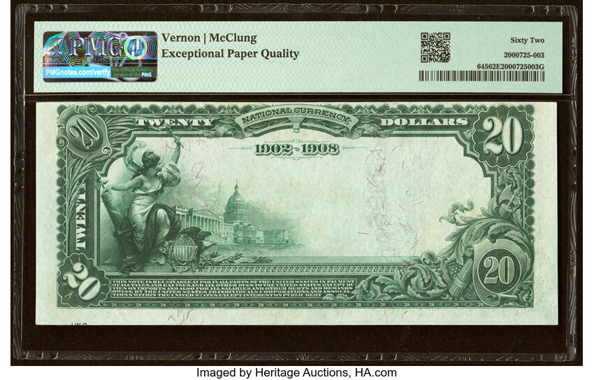 image for: San Francisco, CA - $20 1902 Date Back Fr. 645 The Bank of California National Assoc Ch. # (P)9655 PMG Uncirculated 62 EPQ....