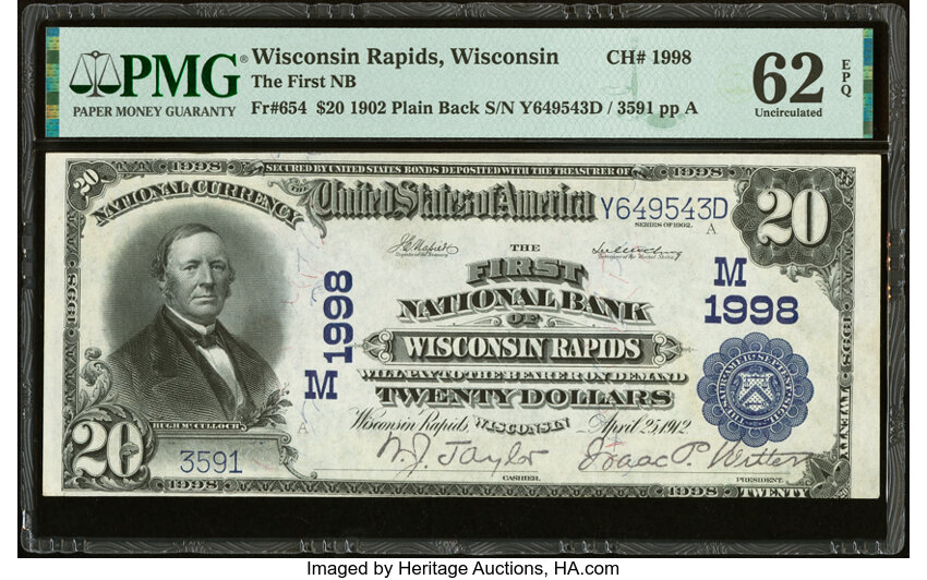 image for: Wisconsin Rapids, WI - $20 1902 Plain Back Fr. 654 The First National Bank Ch. # (M)1998 PMG Uncirculated 62 EPQ....