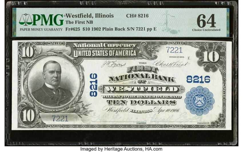 image for: Westfield, IL - $10 1902 Plain Back Fr. 625 The First National Bank Ch. # 8216 PMG Choice Uncirculated 64....
