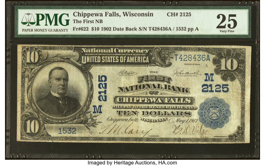 image for: Chippewa Falls, WI - $10 1902 Date Back Fr. 622 The First National Bank Ch. # (M)2125 PMG Very Fine 25....
