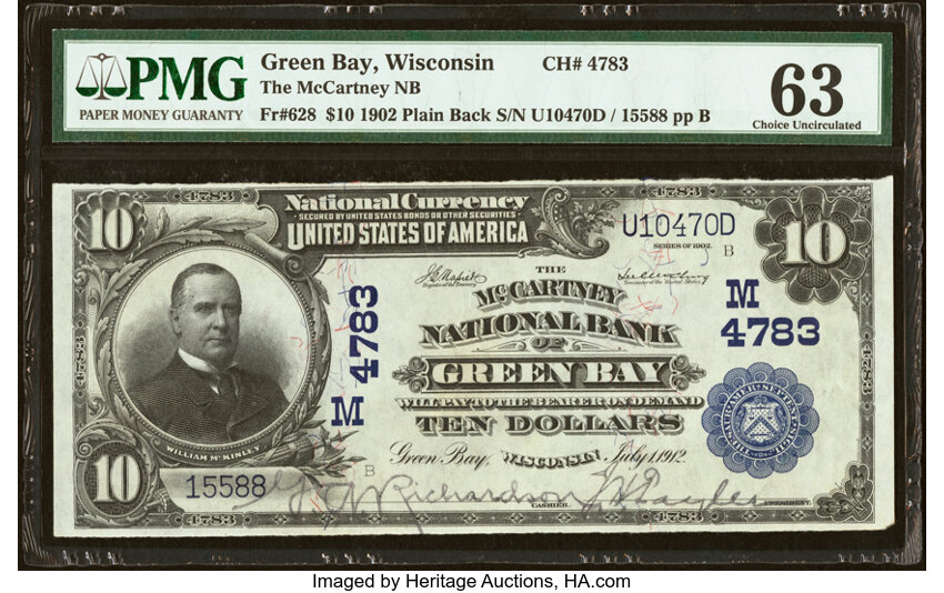 image for: Green Bay, WI - $10 1902 Plain Back Fr. 628 The McCartney National Bank Ch. # (M)4783 PMG Choice Uncirculated 63....