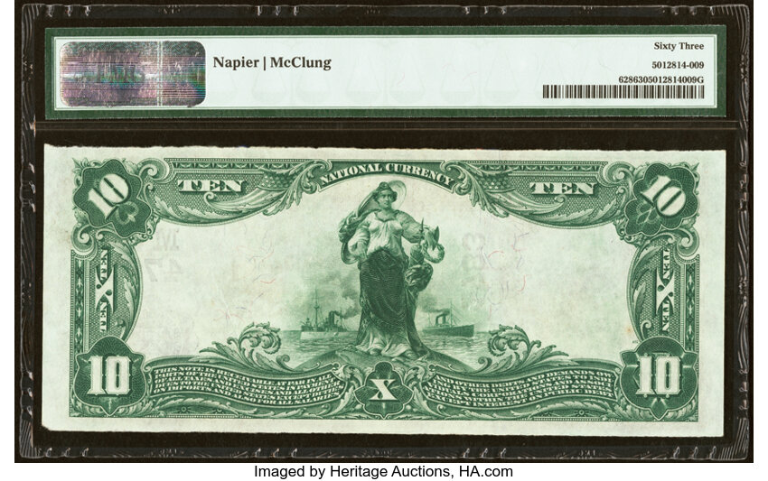 image for: Green Bay, WI - $10 1902 Plain Back Fr. 628 The McCartney National Bank Ch. # (M)4783 PMG Choice Uncirculated 63....